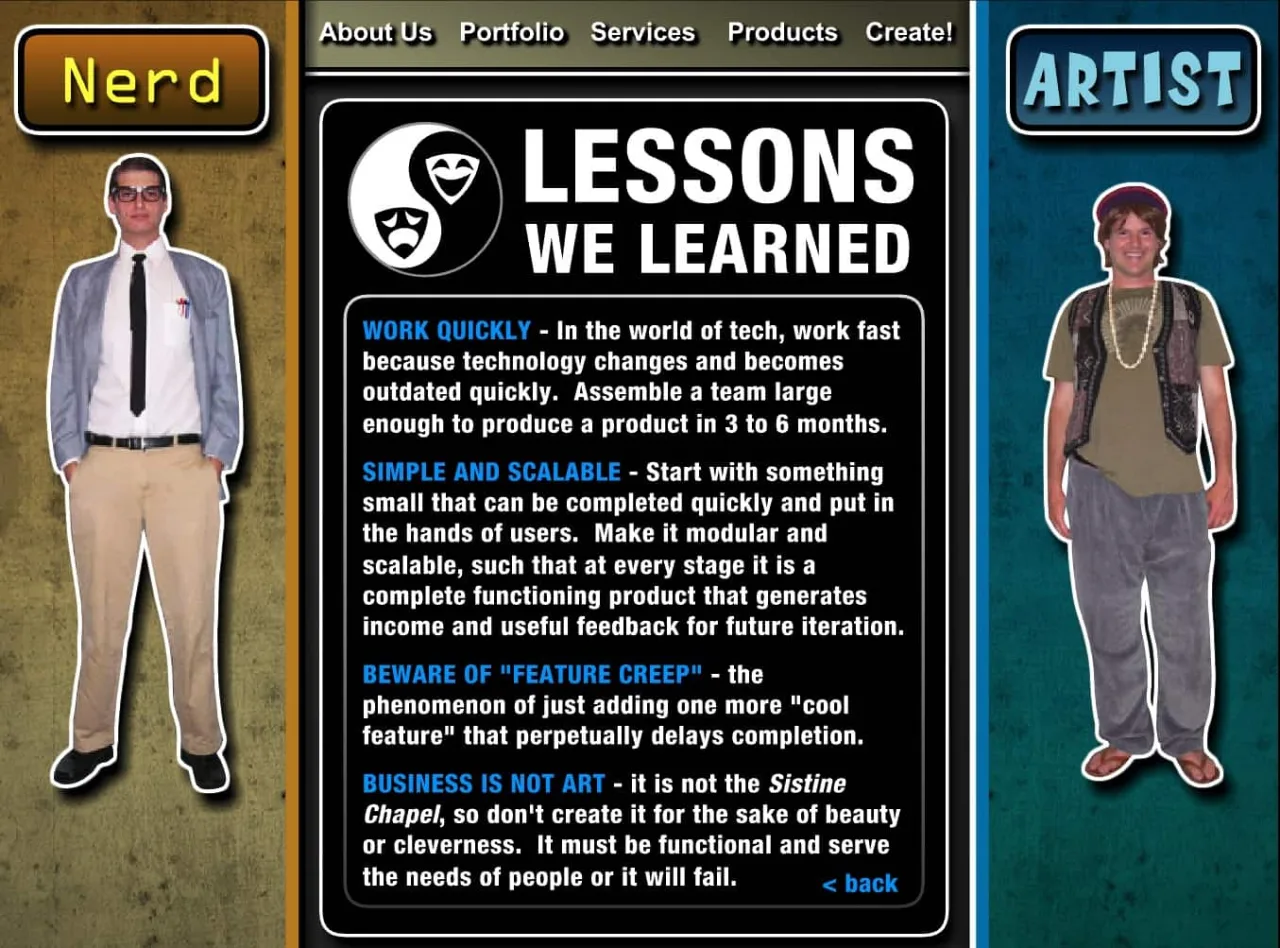 The Lessons We Learned page: work quickly, keep it simple and scalable, beware of feature creep, business is not art.