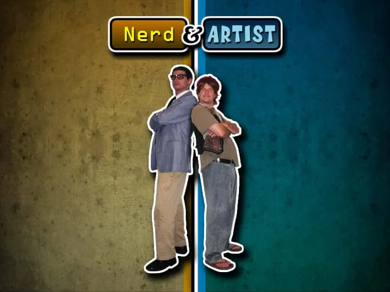 Nerd & Artist poster: Micah as the Nerd in glasses and a blazer, back to back with David as the Artist.
