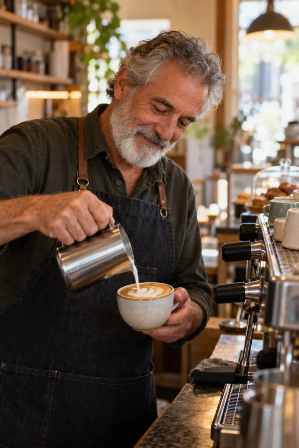 La dueña de un café sirviendo arte en latte