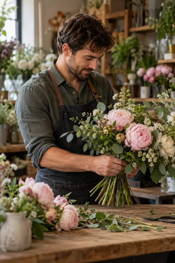 Una florista acomodando peonías