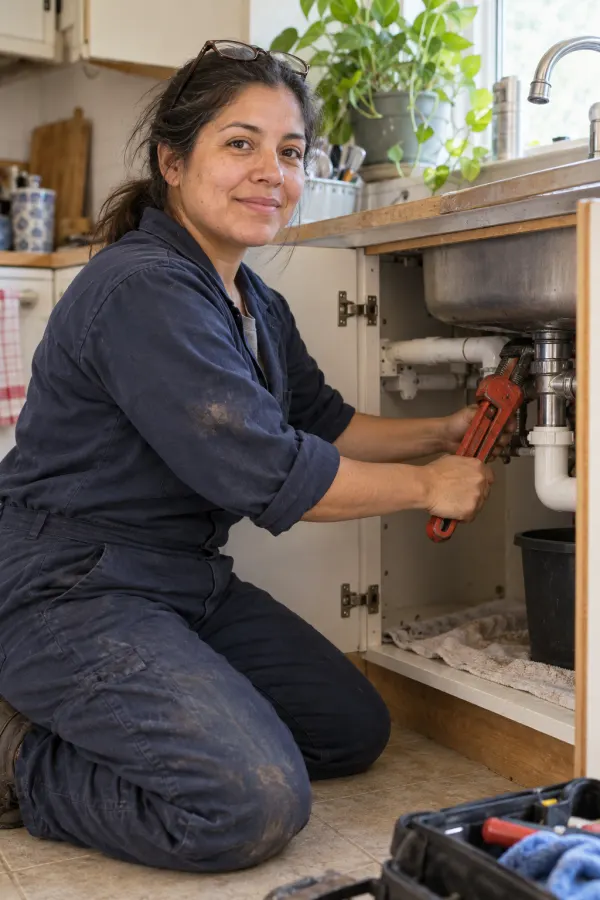 Un plomero trabajando debajo de un lavabo
